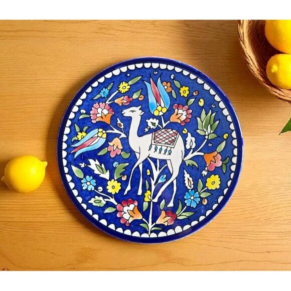 Armenian Jerusalem Blue Ceramic Pottery floral Camel Hand Painted Plate 8" - Picture 1 of 2